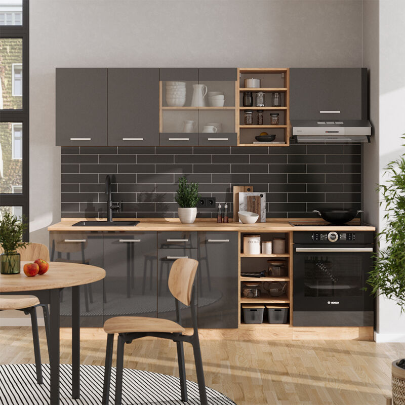 Vicco - Küchenzeile R-line, Anthrazit Hochglanz/goldkraft Eiche, 240 Cm Ohne Arbeitsplatte