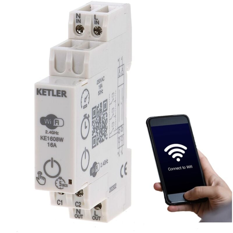 KE1608W : Compteur contacteur électrique modulaire Ketler Monophasé 16 a - wifi - Mesure directe - Compatible smart life et tuya