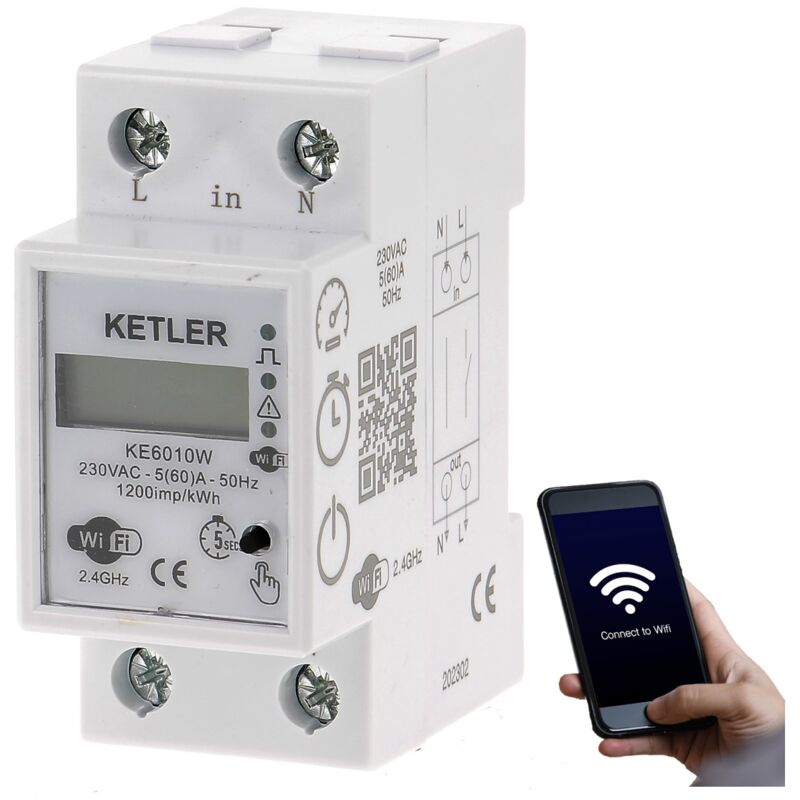 KE6010W : Compteur contacteur électrique modulaire Ketler Monophasé 60 a - Mesure directe - wifi - Compatible smart life et tuya