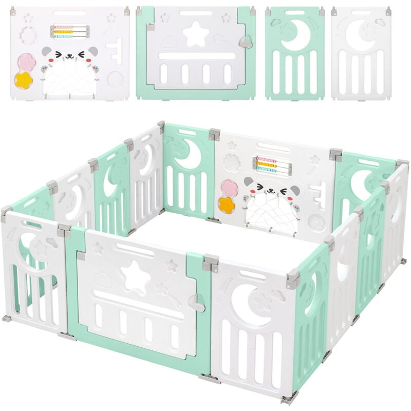 Parc bébé Plastique 14 Panneaux pour Enfants - Clôture Pliant de Protection Bébé Enfants - 150 x 150 x 62cm - Vert et Blanc