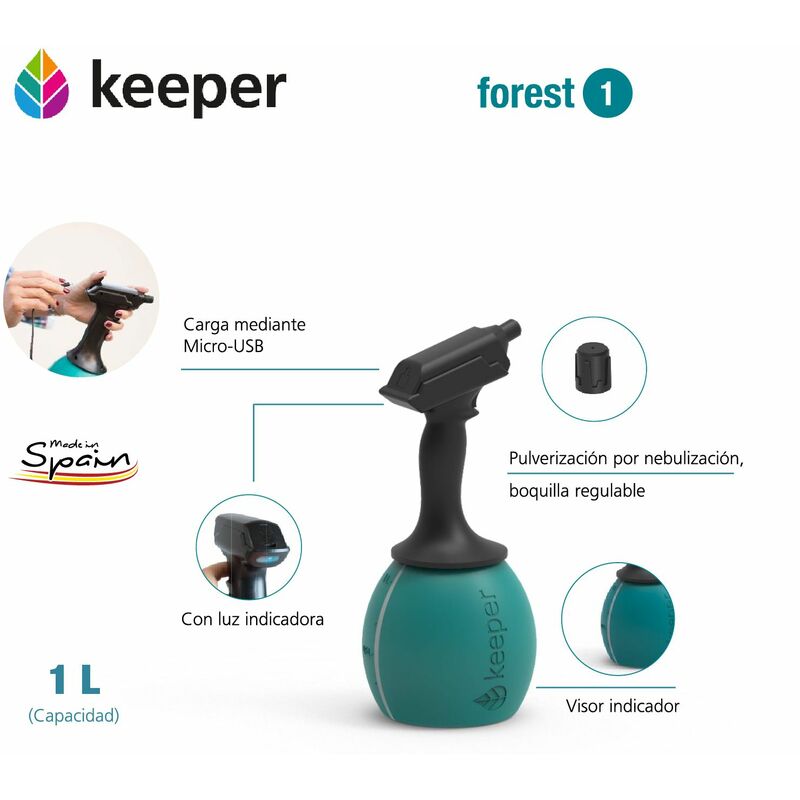 

Keeper Pulverizador Eléctrico Keeper Forest 1. Bateria de Litio. Recarga Mediante USB. Boquilla Ajustable. Deposito Graduado. Hasta 90min de autonomía