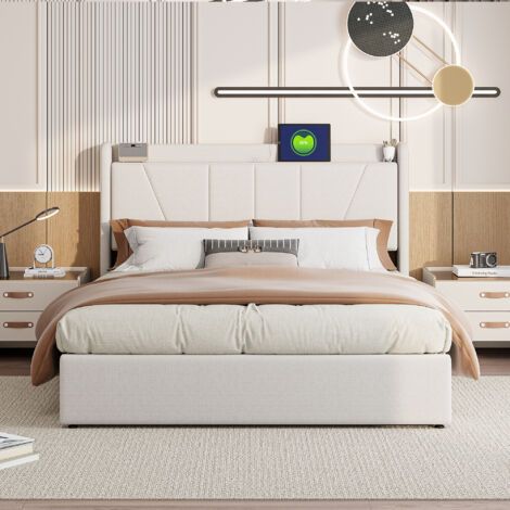 KEFSR- 140x200 Lit Coffre,Lit Double Rembourré avec Sommier à Lattes,lit 2 Personnes 140x200 avec Type-C et USB,Lits Hydraulique Capitonné avec Rangement, Lin,Beige