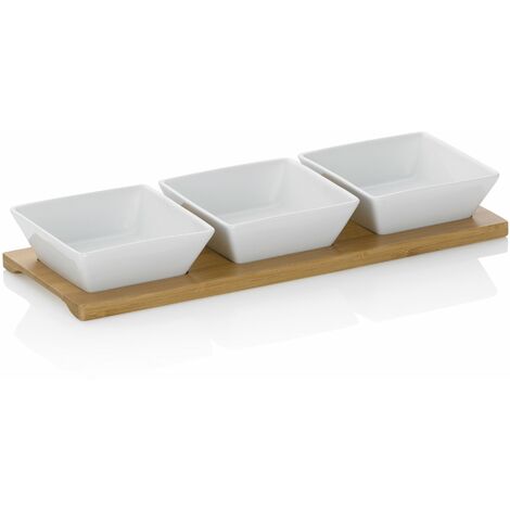 Kela 12261, Set tavoletta in bambù, 4 Pezzi, Ciotoline quadrate, Porcellana, Dim. totali 33 x 12 x 5, Philipa, Bianco, Porcelain, White, 33.5 x 12 x 5 cm