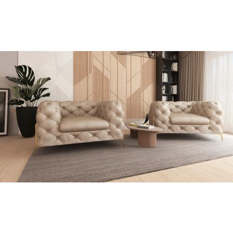 Kela - Chesterfield Sessel mit Goldene Metall Füßen aus Beige Samtstoff