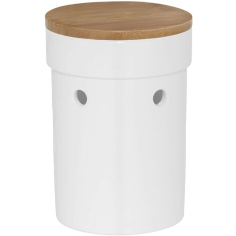 Kela Salena - Contenitore per aglio in ceramica con coperchio in bambù, Ceramica, bianco, 15.5 x 15.5 x 21 cm