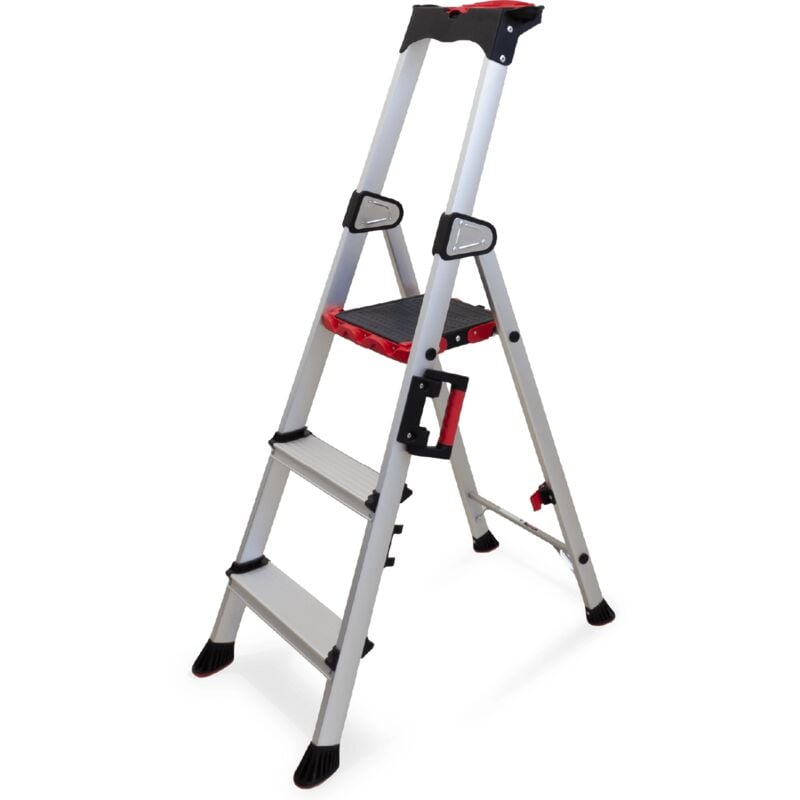 KELI - Échelle Pliable 3 Marches, Escabeau, Marchepied, Aluminium Robuste, Qualité Professionnelle, Poignée de Transport, Porte Outils ABS Dépliable