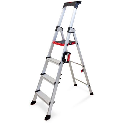 KELI - Échelle Pliable 4 Marches, Escabeau, Marchepied, Aluminium Robuste, Qualité Professionnelle, Poignée de Transport, Porte Outils ABS Dépliable