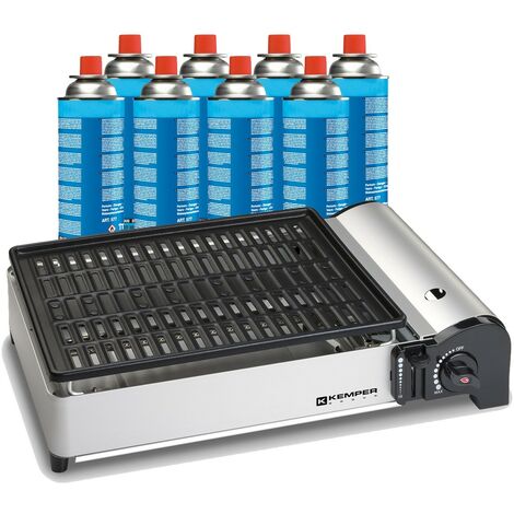 Kemper – Barbecue portable à gaz 1900W – Brûleur inox puissant – Plaque anti-adhésive – 8 cartouches butane 227g – Sac de transport inclus
