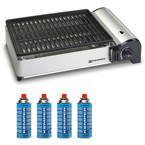 Kemper – Barbecue à gaz 1900W – Brûleur inox 1 feu – Plaque anti-adhésive – 4 cartouches butane 227g – Sac de transport inclus