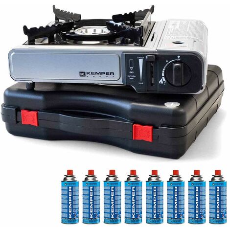 Kemper – Réchaud à gaz 2200W avec 8 cartouches butane – Détendeur de pression double sécurité – Puissance réglable – Autonomie 1h30