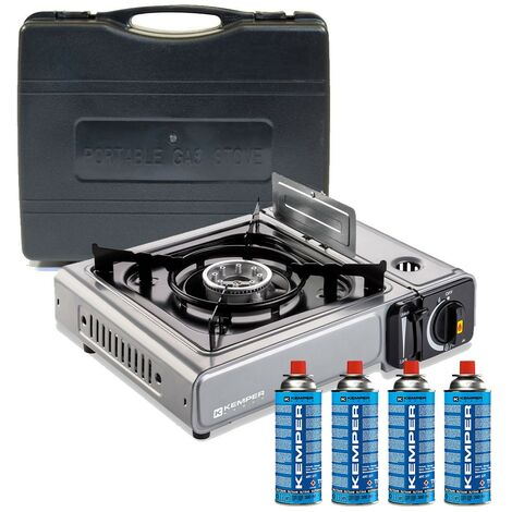 Kemper – Réchaud à gaz 2200W – 1 feu butane avec 4 cartouches – Double sécurité – Puissance réglable – Allumage PIEZO – Inox