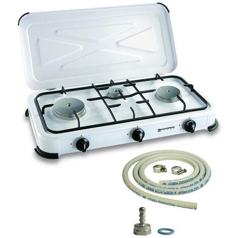 Kemper – Réchaud à gaz 3 feux 3450W – Brûleurs inox – Couvercle amovible – Tuyau gaz 1,5m inclus – Pour camping et installations temporaires