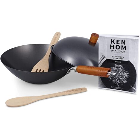 Ken Hom KH331051 Set Wok 5 Pezzi Antiaderente Acciaio al Carbonio, 31cm, Classic, Padella Non a Induzione, Con Manico in Legno, Base Piatta, Non Lavabile in Lavastoviglie