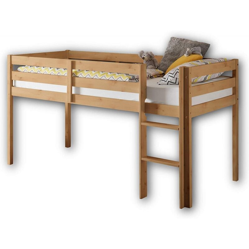 KENI Hochbett Leiter 90 x 200 cm Kinder Etagenbett Kiefer massivlackiert Kinderbett Einzelbett Spiel-