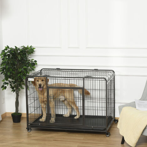 Kennel Gabbia per Cani Pieghevole a Doppia Porta con Blocco, Box per Cani con 4 Ruote con Freno e Fondo Rimovibile, 125x76x81cm, Grigio Scuro