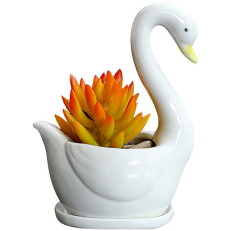 Keramik-Blumentopf „Schwan“ für Sukkulenten, Dekoration für Zuhause, Fenster, Tisch, Küche, Weiß, Origineller Ziertopf, Schwanenmotiv, Keramik, Maße: 15 x 10 cm, Menge: 1 Stück