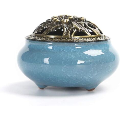 Keramik-Räuchergefäß, Räuchergefäß im klassischen Stil mit Messing-Kalebasse-Räucherstäbchenhalter und Metalldeckel, dekoratives Wohnaccessoire (A)