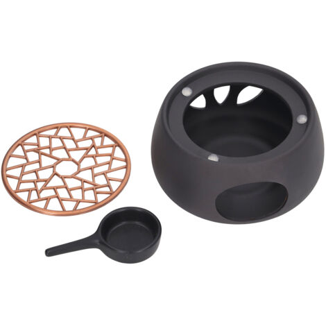Keramik-Teekannenfuß mit Kerze, für Tee, Kaffee oder Milch, mit lila Eisenständer, schlichtes schwarzes Design für Zuhause.