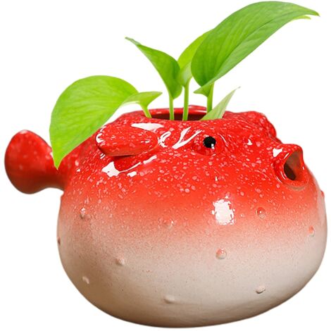 Keramikvase, kleiner Kugelfisch, Luftpolsterfolientopf, Hydrokulturpflanze, niedliche Geldefeu-Blumenvase, rote Büro-Schreibtischvase
