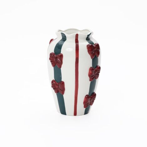 Keramikvase mit Schleifen-Design, elegante Streifenmuster in Rot und Grün, D11,5 cm, H28,3 cm, ideal für Dekoration