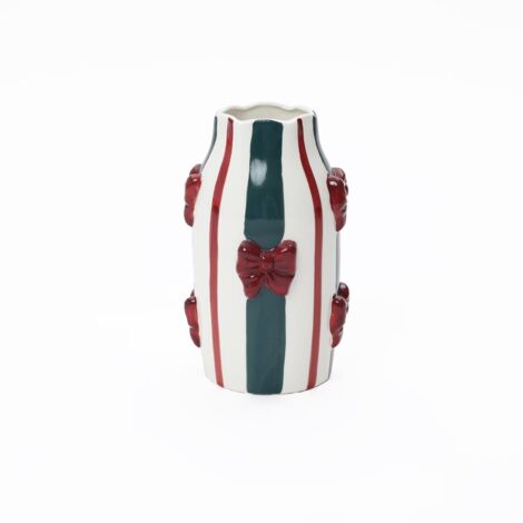 Keramikvase mit Schleifen-Design, elegante Streifenmuster in Rot und Grün, D7,5 cm, H24 cm, ideal für Dekoration