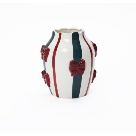 Keramikvase mit Schleifen-Design, elegante Streifenmuster in Rot und Grün, D9,4 cm, H21 cm, ideal für Dekoration