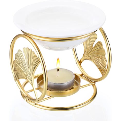 Keramische metalen etherische oliebrander, waxbrander, gouden aromatherapiebrander met vier ringen voor slaapkamer, woonkamer, badkamer, yoga en spa.