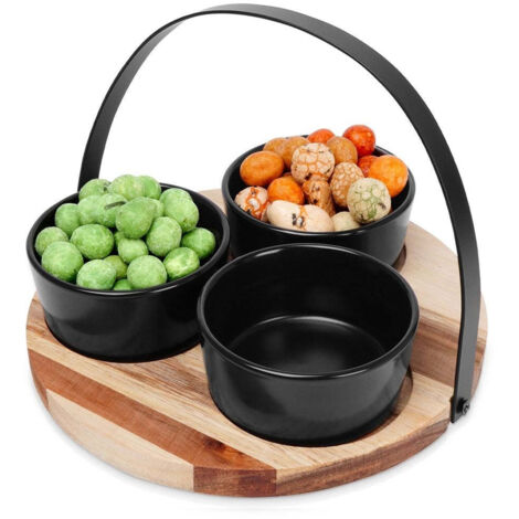 Keramische Schüssel mit Holztablett, 3er-Set