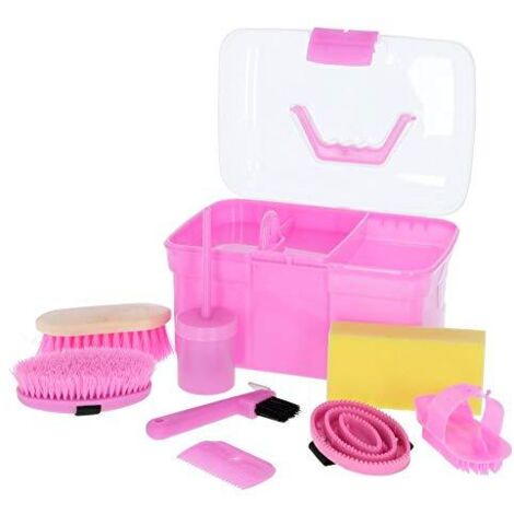 Kerbl scatola per toelettatura rosa con contenuto 8 pezzi (per bambini, spazzole per cavalli, spazzole per criniera, scatola per toelettatura con spazzole, cura del cavallo, prodotti per la pulizia ro