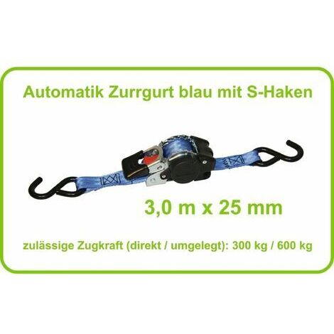 Kerbl Zurrgurt Automatik 25mm / 3,0 mtr. Zurrkraft 300/600kg S-Haken