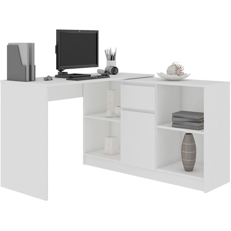 KERESTE - Bureau informatique d'angle modulable + commode 120x126x79/77 cm - Table ordinateur contemporaine multi-rangements - Blanc