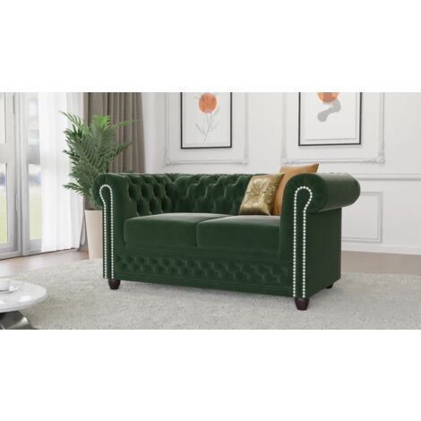 Kero - Chesterfield 2 sitzer Sofa aus Flasche grün Samt-Stoff mit Holzfüßen