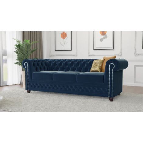 Kero - Chesterfield 3 sitzer Sofa aus Marineblau Samt-Stoff mit Holzfüßen
