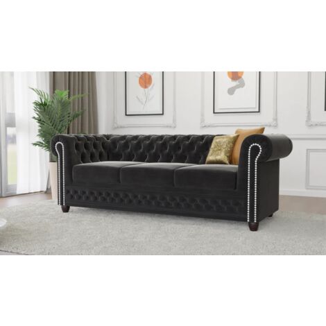 Kero - Chesterfield 3 sitzer Sofa aus Schwarz Samt-Stoff mit Holzfüßen