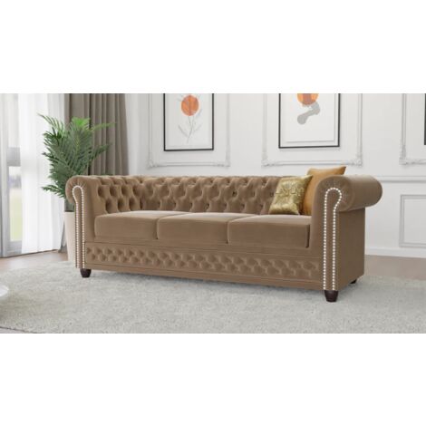 Kero - Chesterfield 3 sitzer Sofa mit Schlaffunktion aus Beige Samt-Stoff mit Holzfüßen