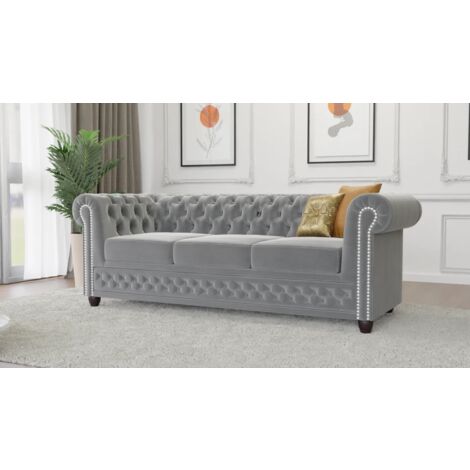 Kero - Chesterfield 3 sitzer Sofa mit Schlaffunktion aus Grau Samt-Stoff mit Holzfüßen