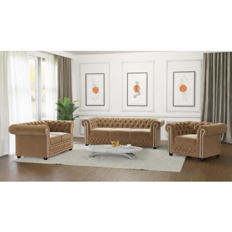 Kero - Chesterfield Polstergarnitur mit Schlaffunktion 3+2+1 aus Beige Samt-Stoff mit Holzfüßen
