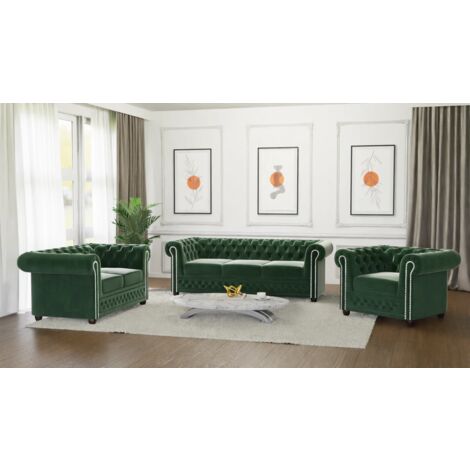 Kero - Chesterfield Polstergarnitur mit Schlaffunktion 3+2+1 aus Flasche grün Samt-Stoff mit Holzfüßen