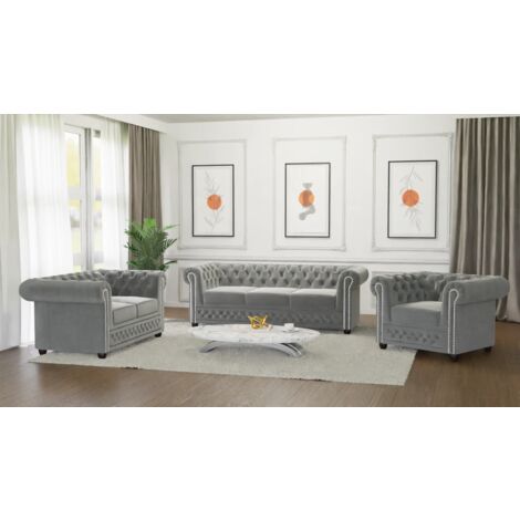 Kero - Chesterfield Polstergarnitur mit Schlaffunktion 3+2+1 aus Grau Samt-Stoff mit Holzfüßen
