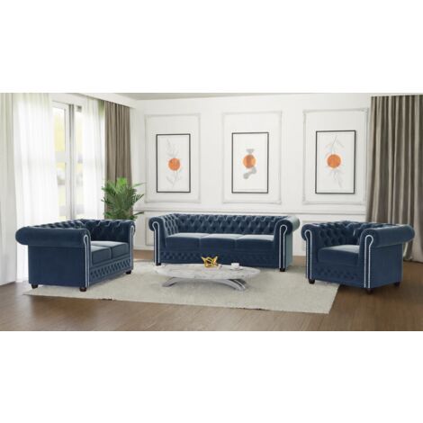 Kero - Chesterfield Polstergarnitur mit Schlaffunktion 3+2+1 aus Marineblau Samt-Stoff mit Holzfüßen