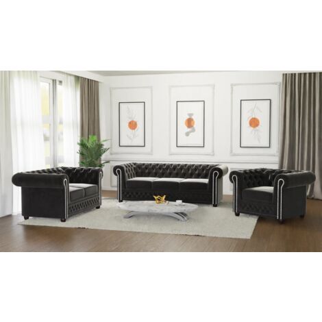 Kero - Chesterfield Polstergarnitur mit Schlaffunktion 3+2+1 aus Schwarz Samt-Stoff mit Holzfüßen