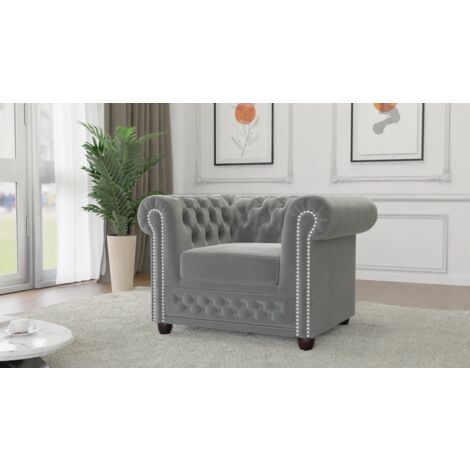 Kero - Chesterfield Sessel aus Grau Samt-Stoff mit Holzfüßen