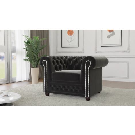Kero - Chesterfield Sessel aus Schwarz Samt-Stoff mit Holzfüßen