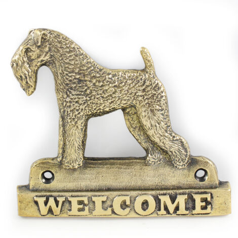 Kerry Blue Terrier, Irish Blue Terrier - cartello per porta con un cane, targa di benvenuto in ottone, cartello unico con la scritta Welcome di Art-Dog