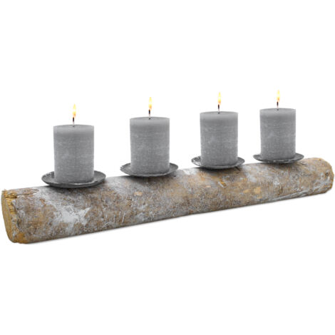 Kerzenhalter auf Baumstamm shabby weiß - 50 cm - Advents Kerzenständer mit 4 Metall Haltern - Weihnachten Tisch Deko Ständer für Stumpenkerzen Kerzenleuchter Landhaus Stil