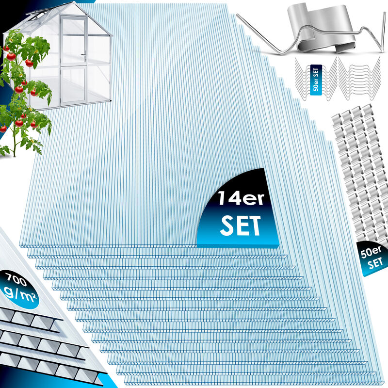 Kesser - 14x Polycarbonate alvéolaire 4mm 10 25 m² plaque double paroi - 1210x605 50x agrafes + 50x Z-clips plaque alvéolaire plaque de serre