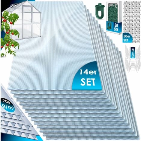 KESSER® 14x Polycarbonat Hohlkammerstegplatten 4mm  10  25 m² Doppelstegplatte - 1210x605  50x Klammern + 50x Z-Clips  Stegplatte Gewächshausplatte    Transparent / 121 x 60.5 cm