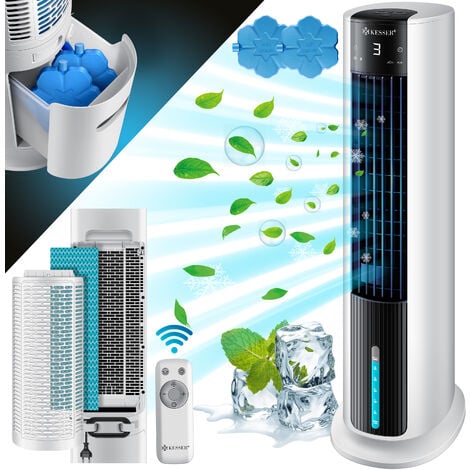 KESSER® 4en1 Aire acondicionado móvil, ventilador de torre/enfriador de aire/humidificador/ionizador con mando a distancia, temporizador, depósito de agua, 60W, climatización, 2 baterías de refrigerac