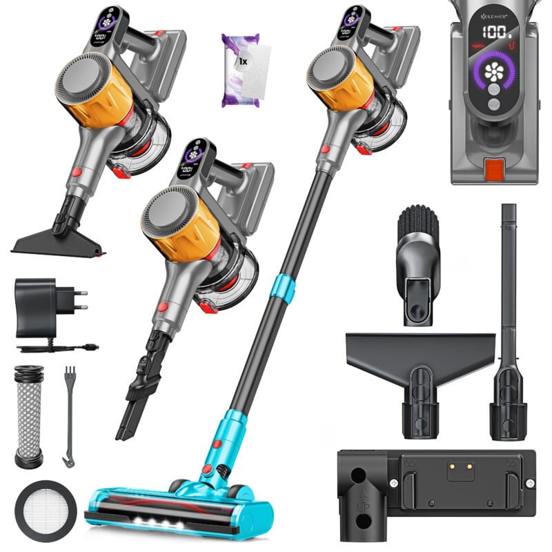 Kesser - Aspirateur sans fil 2en1 Sans sac avec filtre hepa Jusqu'à 45 min d'autonomie + Suceur à fentes & Brosse à poussière Lumière led Bac à