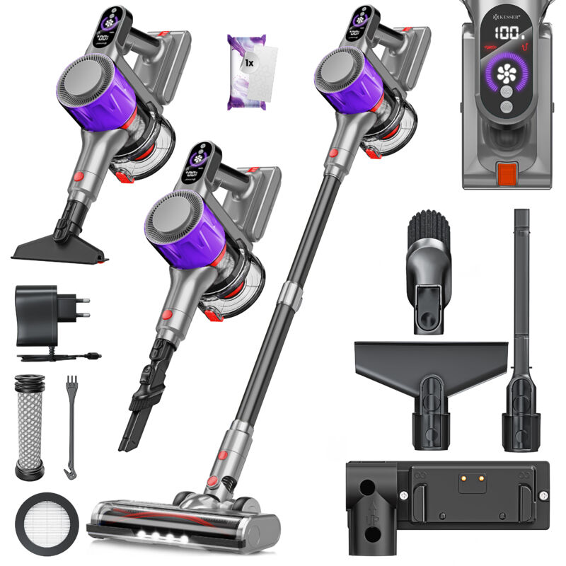 Kesser - Aspirateur sans fil 2en1 Sans sac avec filtre hepa Jusqu'à 45 min d'autonomie + Suceur à fentes & Brosse à poussière Lumière led Bac à